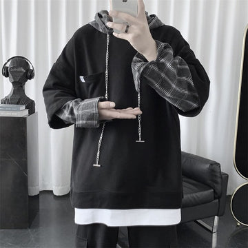 Wiaofellas Fake two-piece fashion hoodie men spring and autumn plaid stitching hooded jacket Korean clothes Harajuku hoodies for men